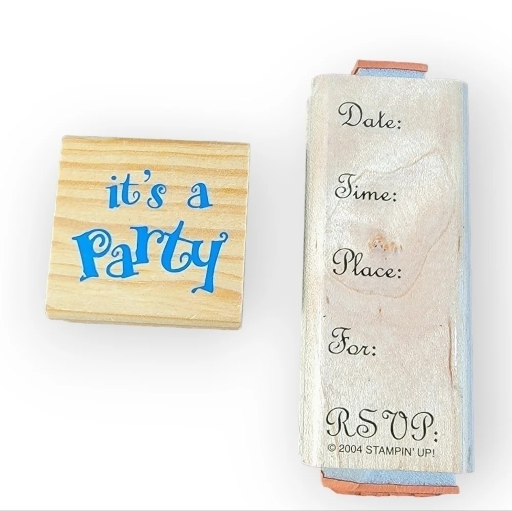 Lot of 2 wooden block rubber stamps for Party invitations